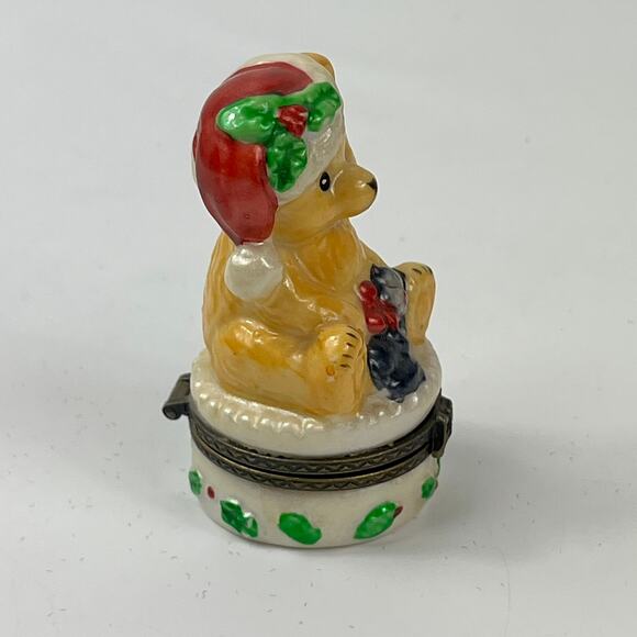 Porcelain Bear Trinket Box Christmas Santa Hat Kitten Holly Hinged Lid Decor - Picture 4 of 9